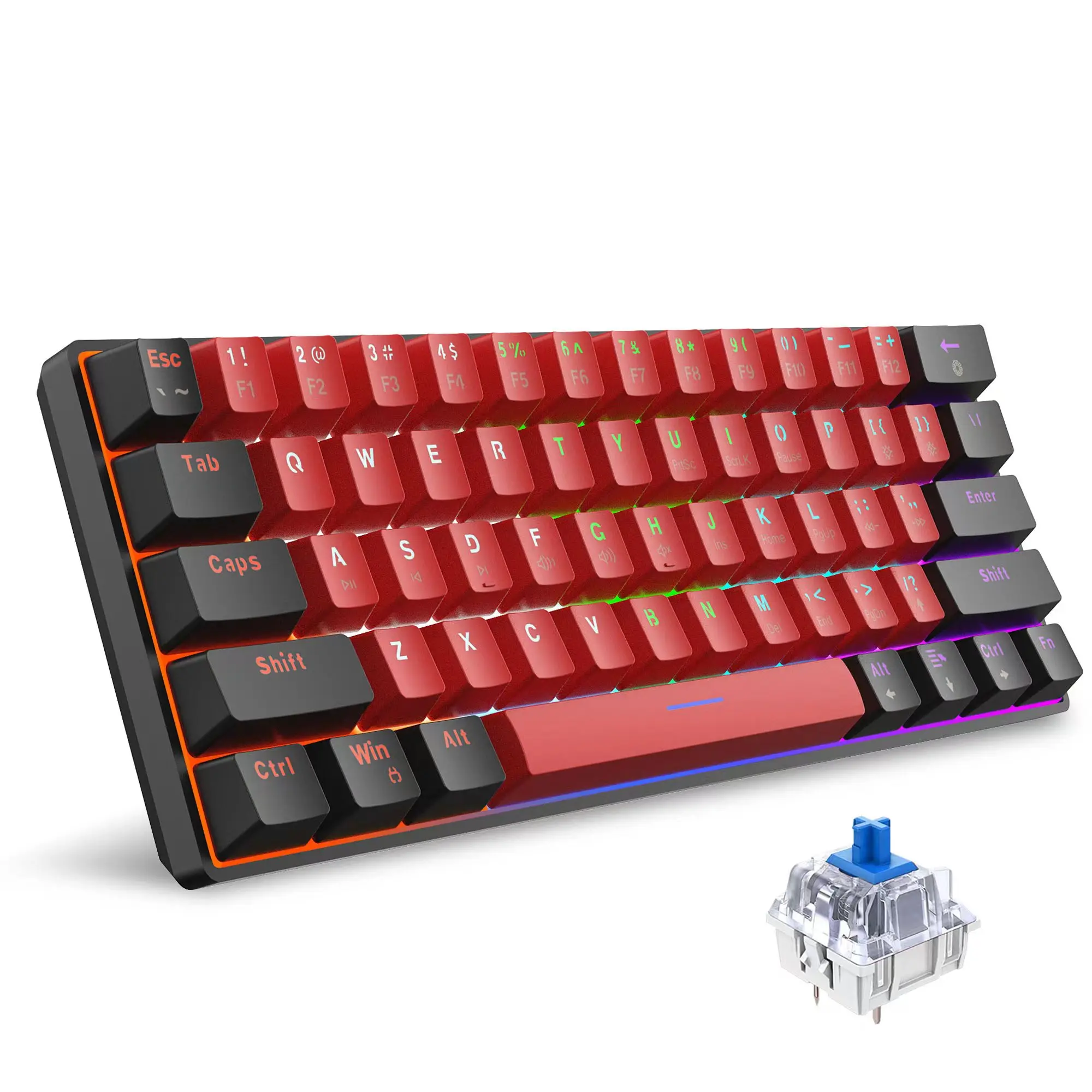 Snpurdiri 60% Wired Mechanical Gaming Keyboard, 61 Keys LED Backlit Compact Wired Keyboard for Office & Gaming, Compatible with Windows Laptop PC Mac (Black-Red, Blue Switches)