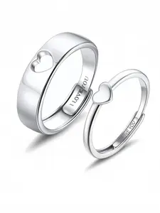 Promise Ring Set for Couples – Interlocking Hollow & Raised Heart Design (His & Hers)， Adjustable Matching Promise Rings， Meaningful Graduation Engagement Anniversary Gift, Heart Shaped Ring