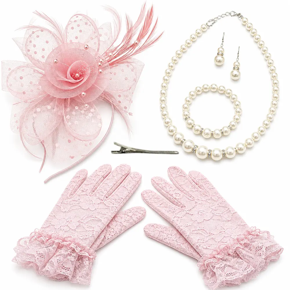 5pcs Elegant Fascinator Hat for Women, Fascinator Flower Mesh Ribbons Feathers Headband, Include Hair Clip, Gloves, Necklaces, Earrings, Bracelets, Vintage Costume Accessories, Tea Party Headwear for Women