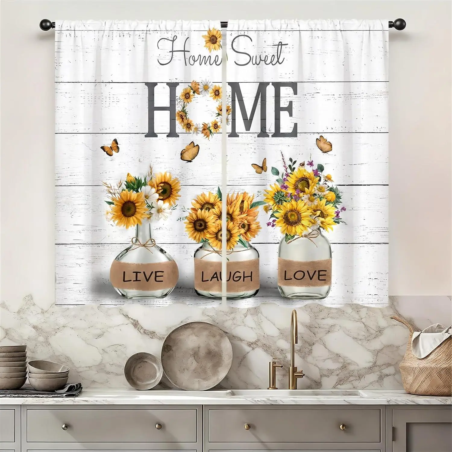 Farmhouse Curtains - 2-Panel 27.5W x 39L in Traditional Rustic Short Cafe Tier Drapes, Light Filtering Colorful Sunflower Floral & Butterfly Pattern for Kitchen Small Window Treatment, Bathroom Textile Decor