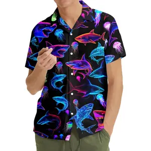 Neon Shark Hawaiian Shirt for Men Women Youth, Shark Aloha Shirt Short Sleeve Button Down, Cyberpunk Jellyfish Nautical Shirt Hawaiian Shirt for Men, Button Down Summer Beach Short Sleeve, Hawaiian Shirt Casual Tropical