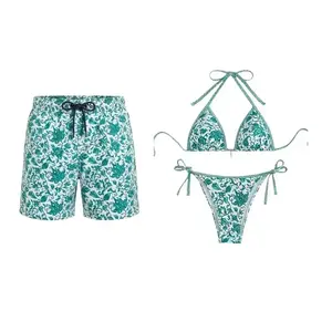 Matching Couples Swimwear Set – Women’s Triangle Bikini & Men’s Floral Swim Trunks Beach Outfit