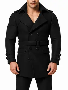 Men's Solid Color Long Sleeve Windbreaker Jacket, Casual Fitted Waist Belt Design Coat for Fall & Winter, Men's Fashion Outerwear, Street Fashion Outerwear, Double Breasted Jacket