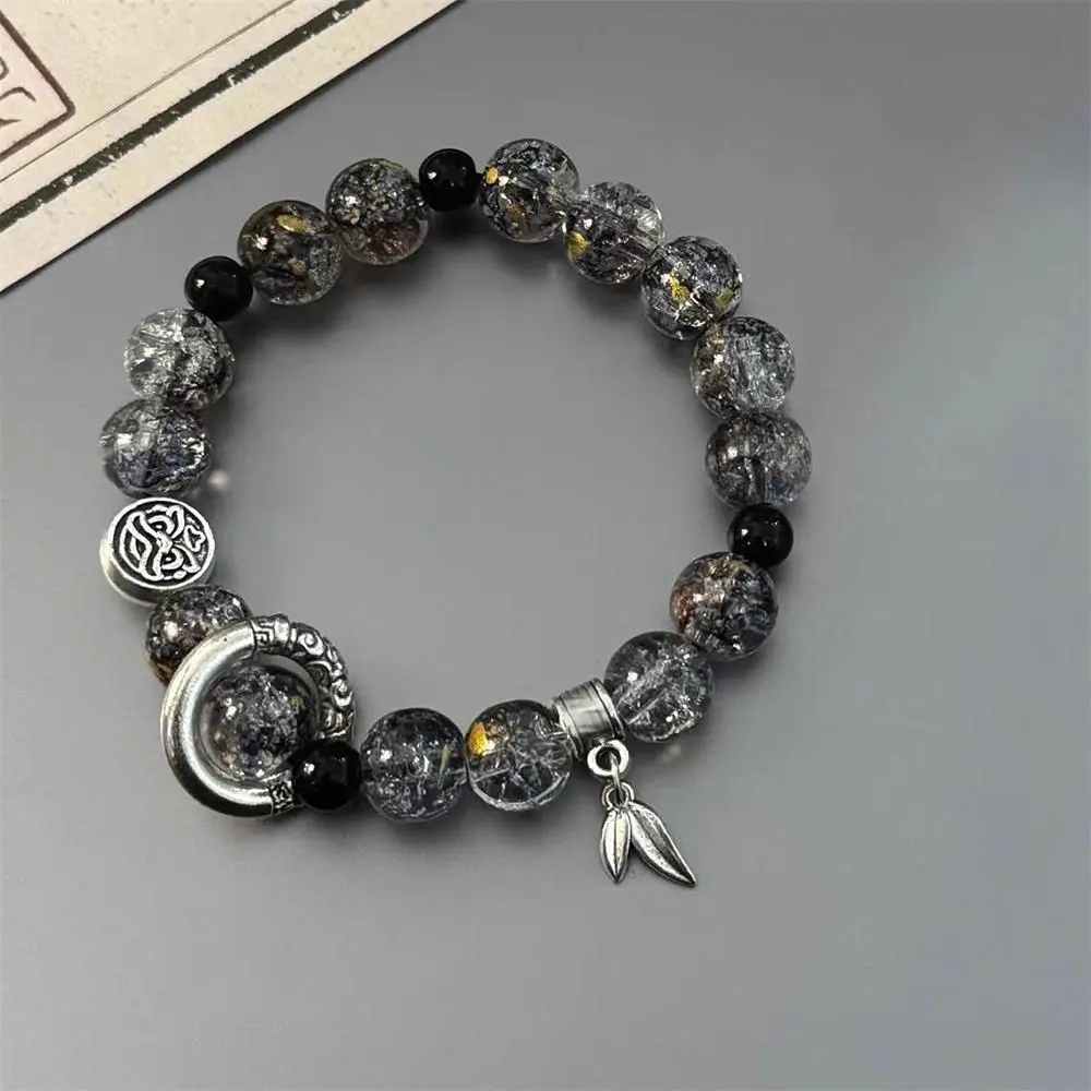 2 Pcs Chinese Style Cracked Glass Bead Bracelets, Vintage Bamboo Pendant Wristband, Ethnic Peace Ring Couple Bracelet for Men Women