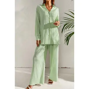 Johnny Collar Button Down Top and Pants Set