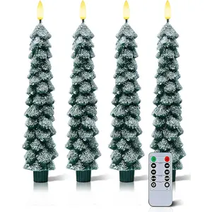 4 count Flameless Christmas Tree Candles with Remote, Snow Covered Real Wax Flameless Taper Candles 9.65 Inch, LED Candlesticks  Operated with  Flickering Flame, Christmas Candles Decor