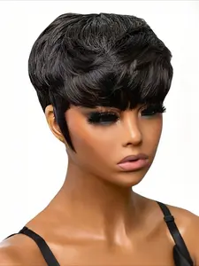 6 Inch Black Layered Pixie Bob Wig, Pixie Wigs,100% Brazilian Natural Human Hair Full Machine Made,Short Straight Silky Texture,Versatile Styling Suitable for Women's Daily Casual and Elegant Occasions