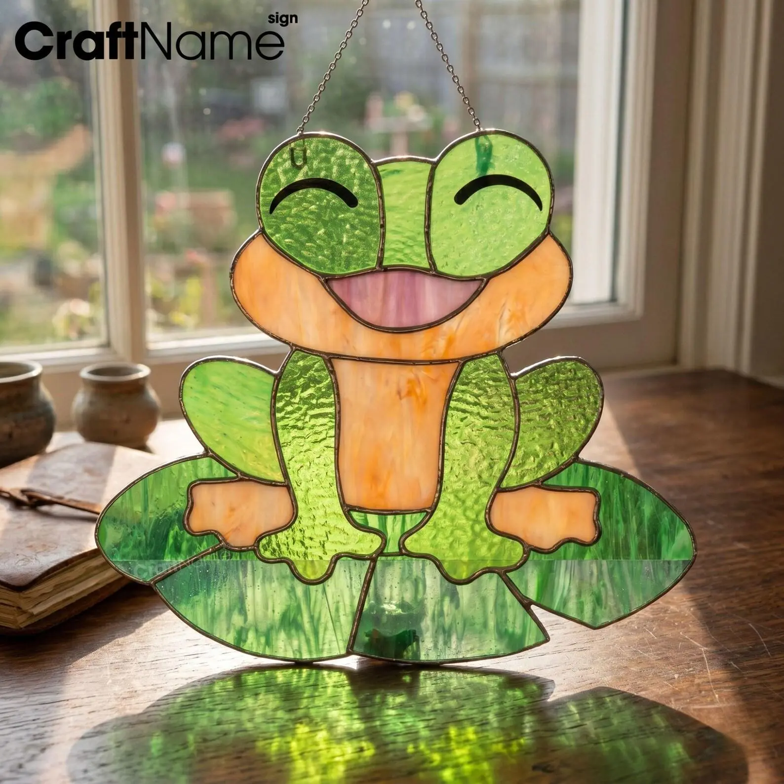 CraftNameSign Traditional Tin Frog Stained Glass Suncatcher Artwork - Classic Nature Acrylic Wall & Window Hanging, Lily Pad Pond Animal Home Decor, Boxed Frog Lover Gift, 8-20 in, Frog & Lily