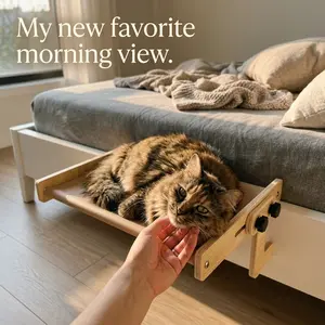 Adjustable Hanging Cat Bed supports up to 16.5lbs - Stable Wooden Window Seat for Pets - Cozy Indoor Cat Nook with Easy Hook Fixing for Bed, Chair & Drawer