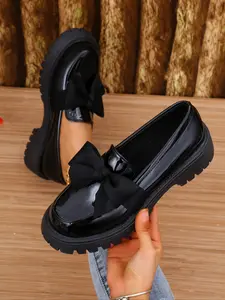 Women's Bow Decor Loafers, Easy Slip-On Vegan Leather Shoes, Comfortable Coin Loafers for Students, Daily Commute Outdoor Wear, Bowknot Design Shoes