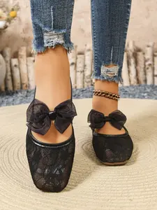 New Lace Square Toe Bow Mary Jane Flat Shoes, Breathable Mesh Fabric, Comfortable All-Season Casual Footwear, Lightweight Design, Ballerina Flats Shoes, Slip on flats