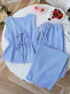 Women's Striped Sleeveless Bow Tie Vest and Straight Leg Pants Set, Casual Style Comfort Daily Wear, 2 Piece, Everyday