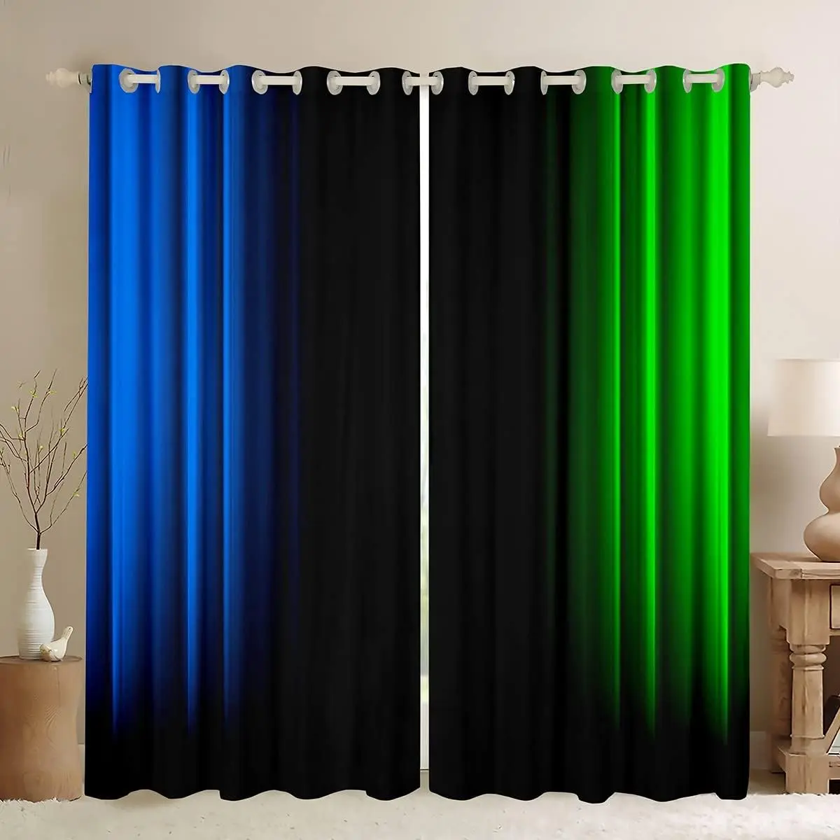 Feelyou Geometric Abstract Ombre Striped Sheer Curtain Panels - Grommet Top, Blue-Green-Black Pattern, Home Decoration Curtain for Bedroom, Living Room