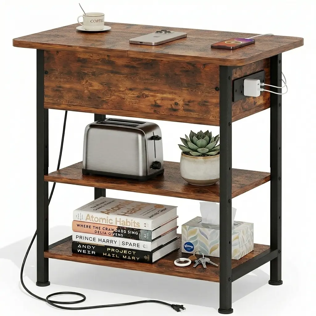 【Home Makeover Season】End Table with Charging Station, Flip Top Side Table with USB Ports and Outlets, 3-Tier Storage for Small Spaces, Perfect Gift for Mom’s Living Room & Bedroom, Rustic Wood Table, Side Table Dresser