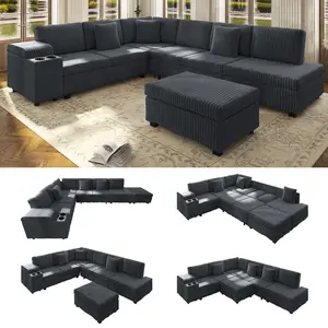 Aobtkel 110.2" L-Shaped Sectional Sofa Set w/ Removable Ottoman,Convertible Sleeper Sofa w/ Hidden Armrest Storage,USB Charging Ports and Cup Holders,Plush Corduroy Fabric,for Living Room,Apartment,Dark Grey