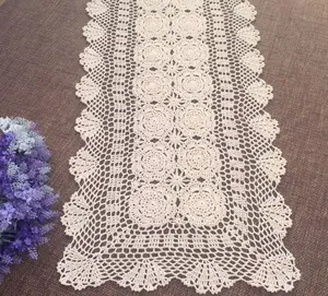 Handmade Crochet Lace Table Runner Doilies Dresser Scarves for Bedrooms 16 Inch by 31 Inch Beige Pure Cotton Soft Washable Reusable Coasters Tableware
