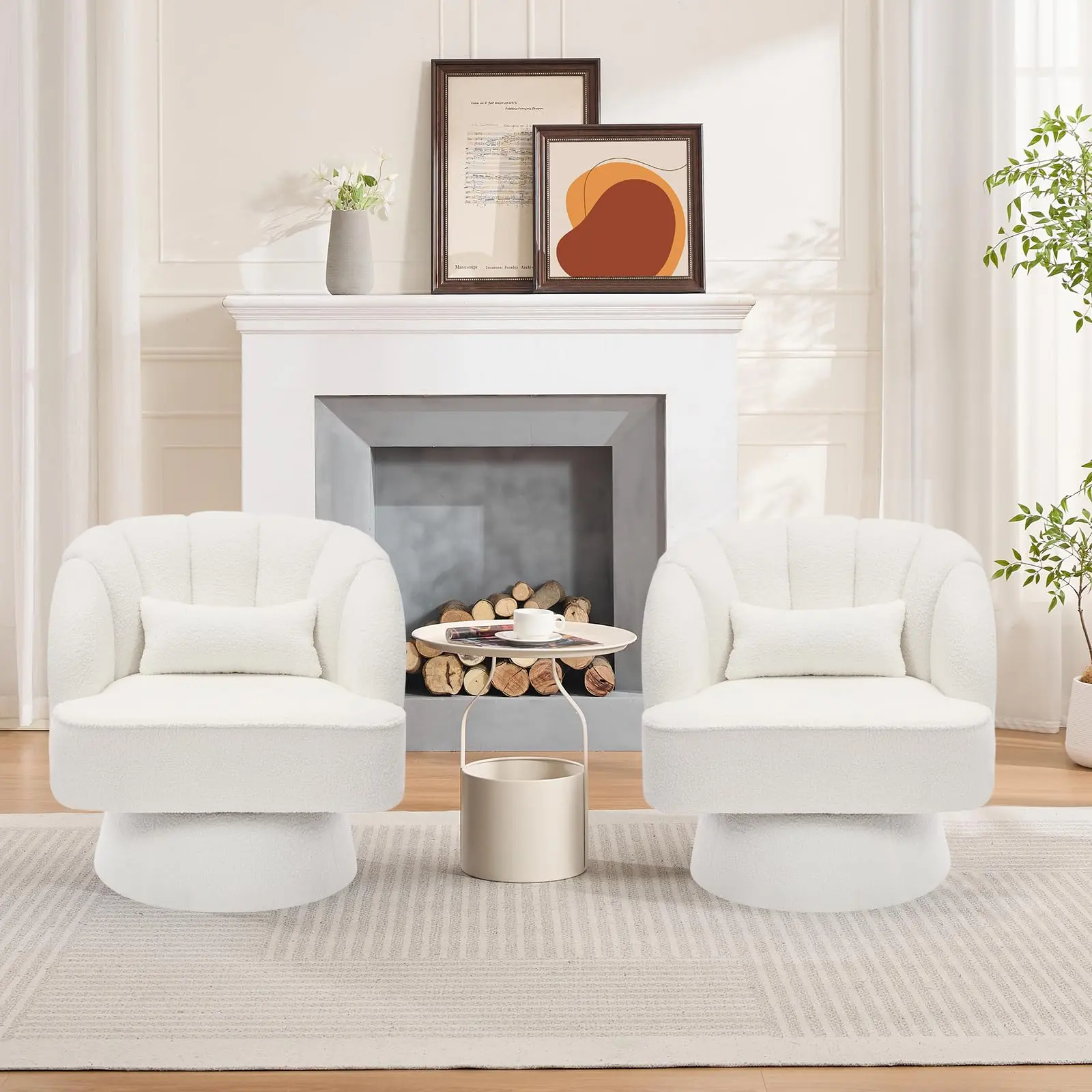 Garvee Swivel Barrel Chair - Teddy Bear Velvet Upholstered Modern Armchair with Striped Backrest & Plush Padding, Round Lounge Chair for Living Room, Bedroom, Small Spaces, Beige - (2 Pcs)