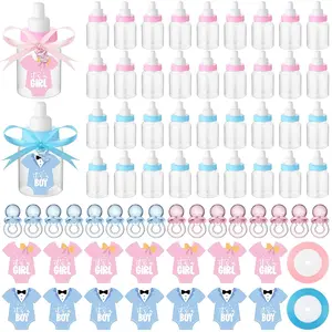 162 Pcs Gender Reveal Baby Shower Favors Including 48 Mini Plastic Milk Candy Bottles 48 Mini Plastic Pacifiers 64 Pcs It's a Boy Girl Gender Reveal Stickers 2 Roll Ribbon