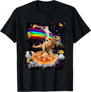 100% Cotton Galaxy Laser Cat on Dinosaur on Pizza with Tacos & Rainbow T-Shirt