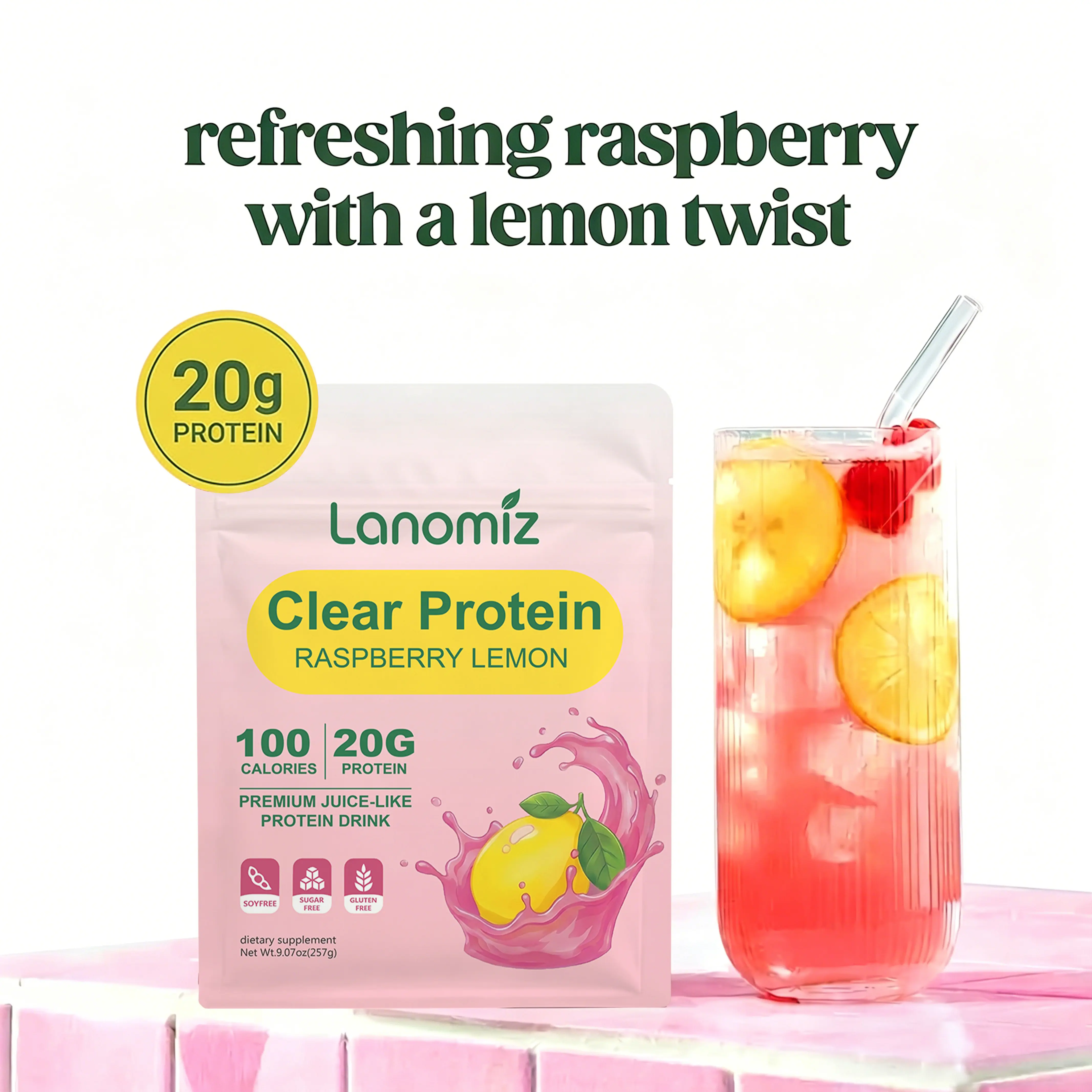 Lanomiz Raspberry Lemonade Clear Whey Isolate Protein Powder for Women | 90 Calories | 0g Added Sugar | 20g Protein | Light & Refreshing Fruity Drink – Premium Whey Isolate, Supports Women’s Wellness