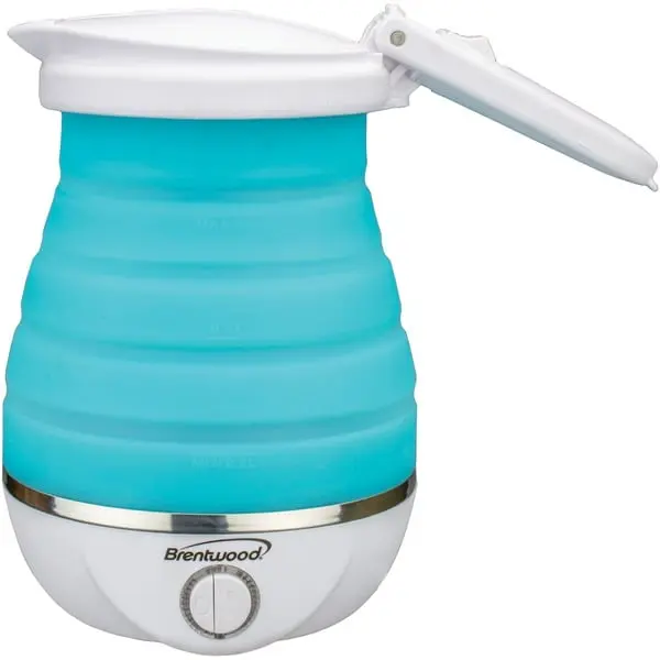 Brentwood Appliances RA52189 0.85 qt. Dual Voltage Collapsible Travel Kettle, Blue, 120V, 800W, Collapsible Body, Moveable Arm