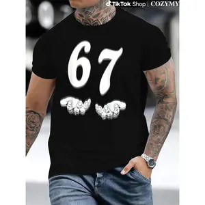 Funny 67 Meme T-Shirt for & - 67 Number Joke Design with 6 & 7 Hands Print, 100% Cotton Soft Crew Neck Tee, Casual Gift Idea for Birthdays, Parties & Casual Attire (Black) Menswear Tops