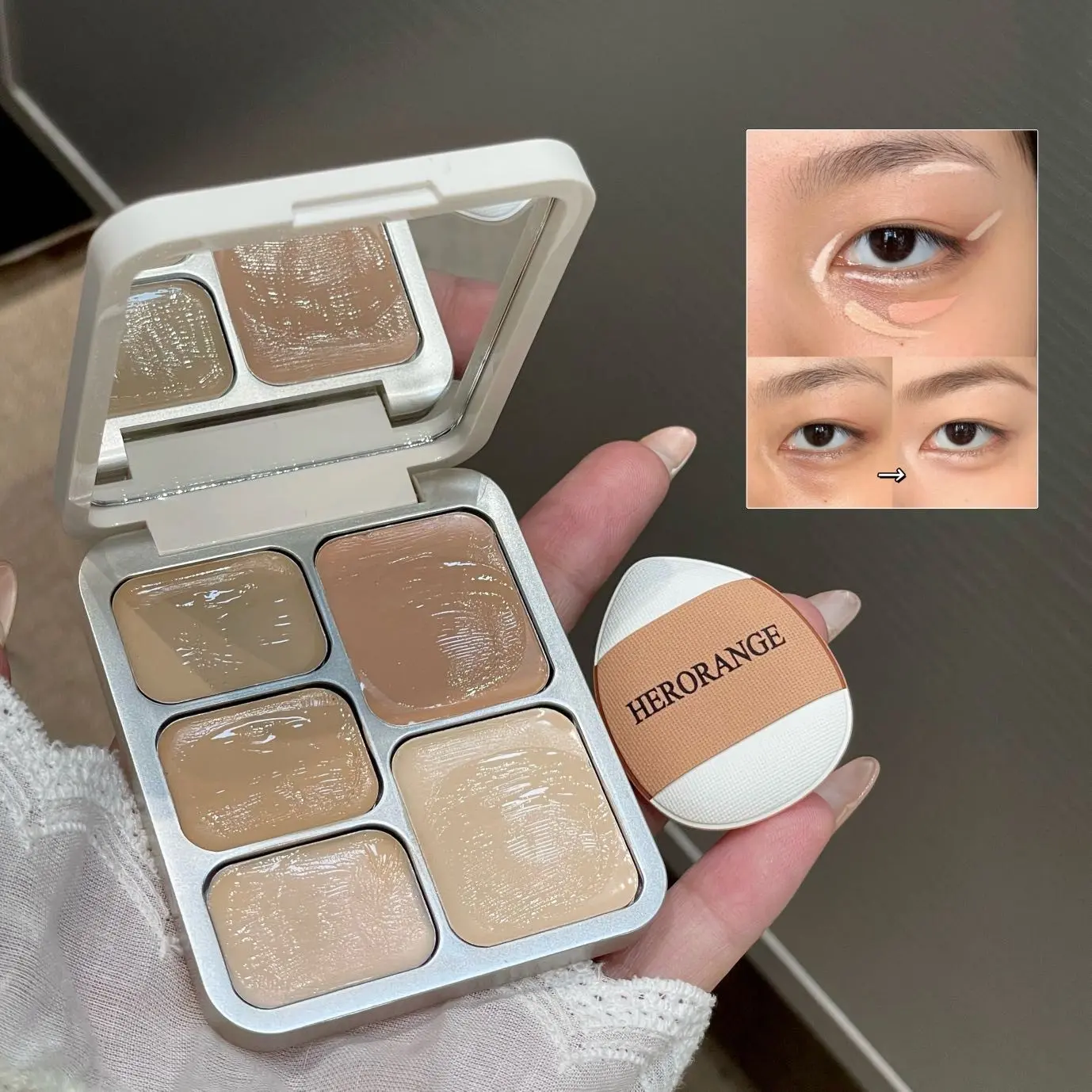 High-Coverage 5-Color Brightening Concealer Palette, Brightening Formula Makeup, a savior for blemished skin, conceals dullness, dark spots, acne scars. Fine, smooth, Blendable Long Lasting texture suits all skin tones