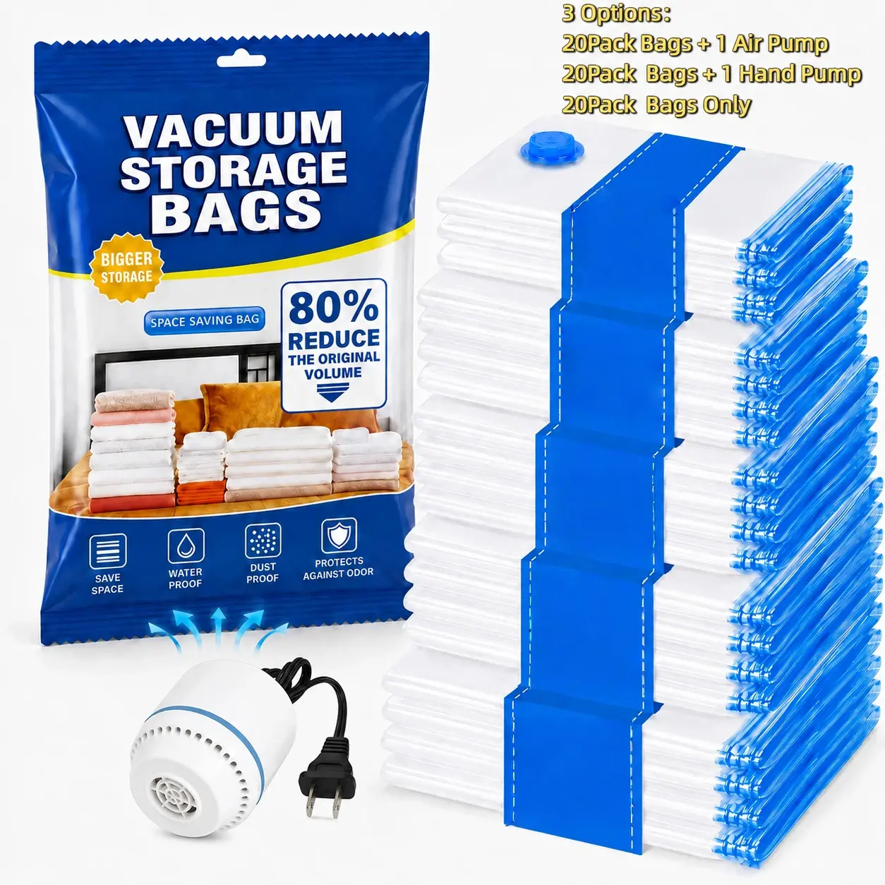 20-pieces travel vacuum compression bag set, includes 1 electric air pump (optional), luggage storage bags in 5 sizes (4 each: S/M/L/XL/JUMBO), clothing packing sealing bags Organiser, space-saving portable storage bags, 3 options, Vacuum Storage Bags
