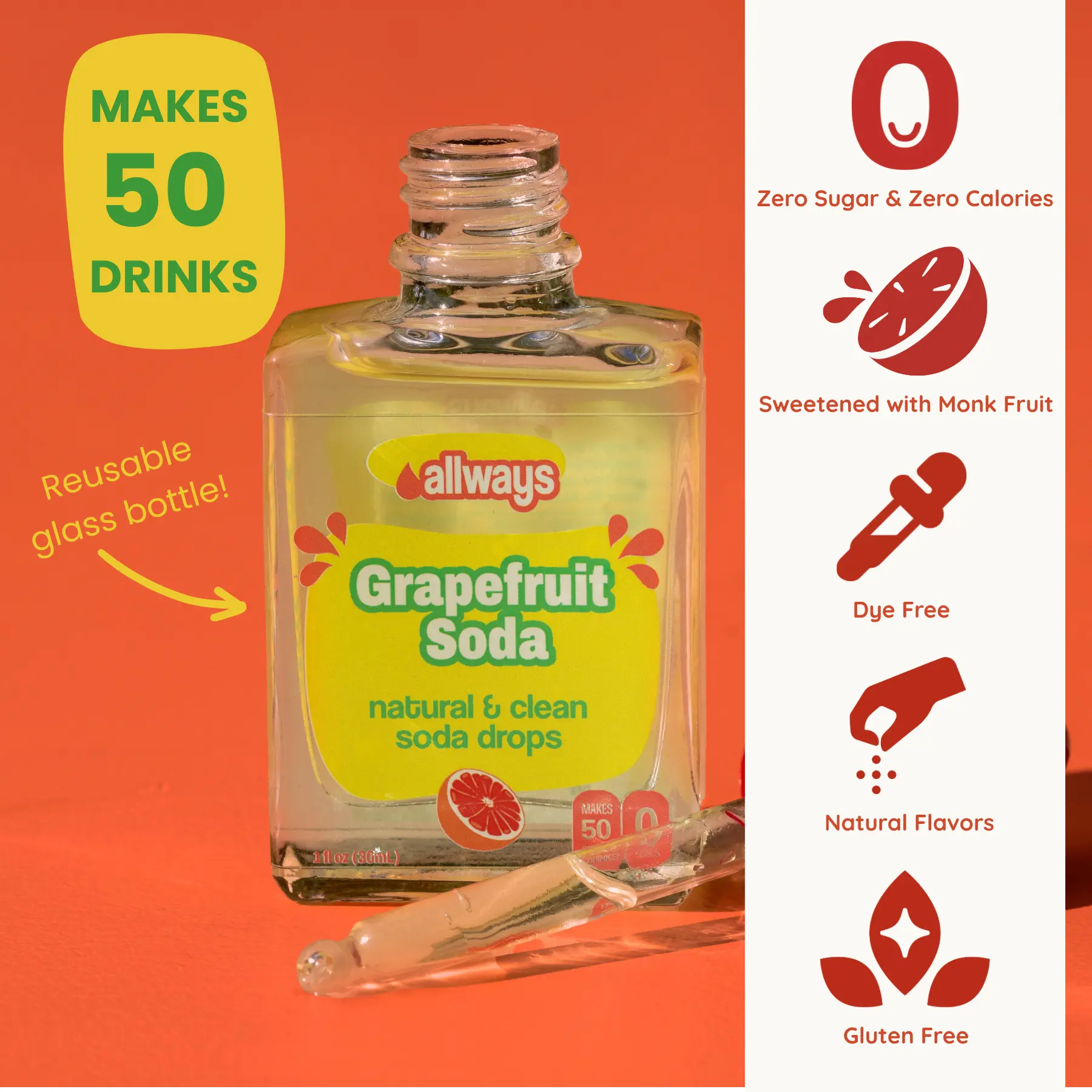 Allways Drops Grapefruit Soda Water Flavor Enhancer | Zero Sugar Grapefruit Citrus Soda Drink Drops | Naturally Sweetened citrus soda Flavoring for Water Sparkling Water and Mocktails