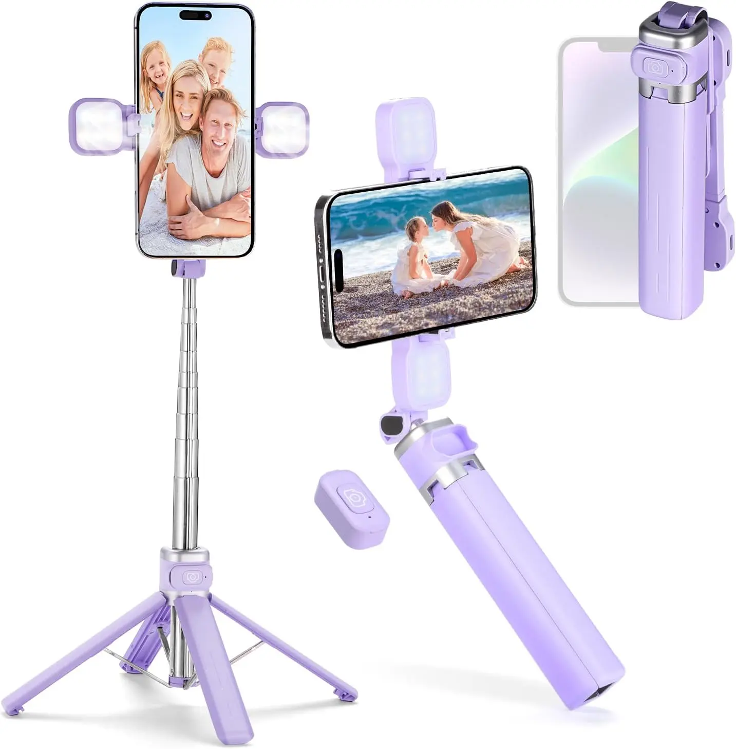 Mini  Tripod Stand & Selfie Stick with  Remote & Removable Light, Extendable Stand 360 Rotation Compatible with  & Android  (Purple)