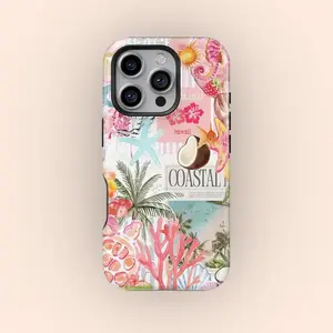 Coastal Beach Collage Coquette Phone Case, Summer Coconut, Hibiscus Vibes, iPhone 17 16 15 14 13 12 11 Pro Max