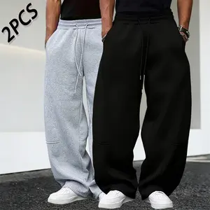 Men’s American high-street wide-leg sweatpants, two-pack; trendy streetwear style. Made from skin-friendly, breathable, soft, and comfortable fabric. Elastic drawstring waist for easy wear. Loose “bent blade” cut that flatters leg shape and suits all body