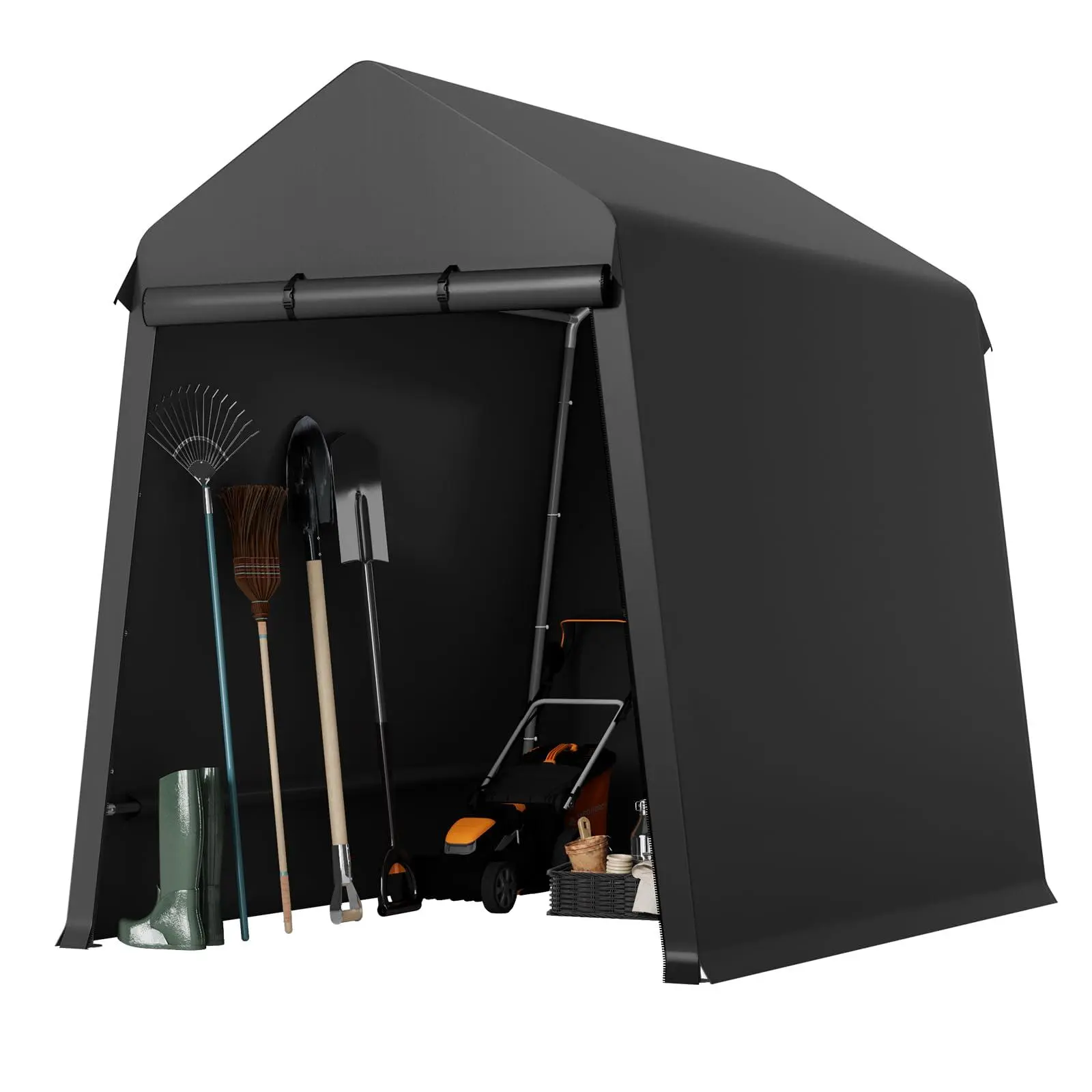 6x8 FT Outdoor Portable Storage Shed with Metal Frame, Step-by-Step Portable Setup, Heavy-Duty Carport, Roll-Up Doors, Ventilation System, Garage Shelter for Motorcycle, Garden Tools, Black