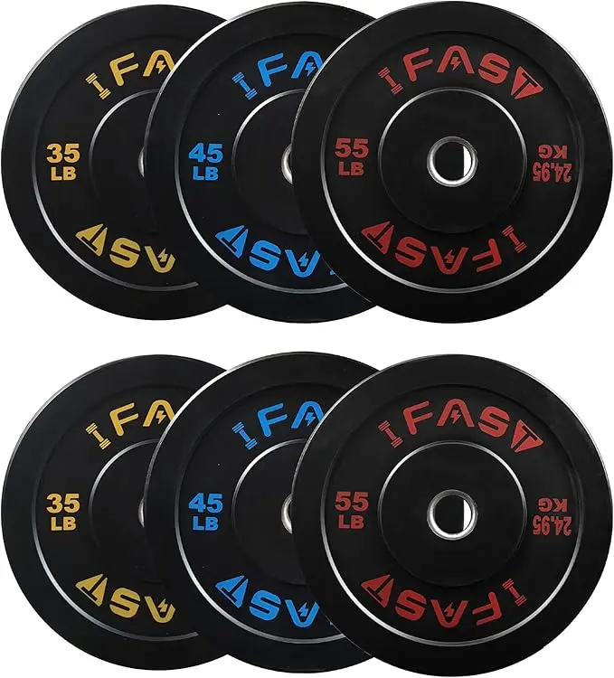 IFAST Olympic Bumper Plates (45lbs), Color-Coded High-Density Rubber Fitness Training Equipment, 2-Inch Steel Hub, Low Bounce Design for Strength Training Plates, Weightlifting Equipment Performance, Multifunctional Fitness Equipment