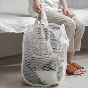 Folding Mesh Laundry Storage Basket Organizer Pop Up Bathroom Dirty Clothes Shoes Underwear Pouch With Handle Toys Books Case