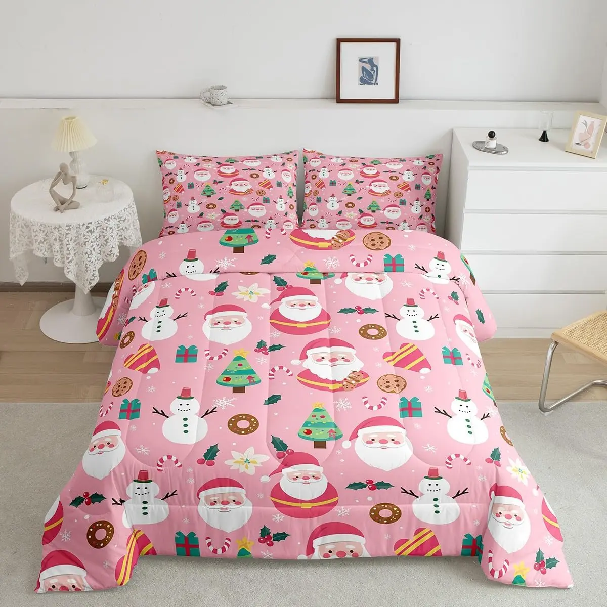 Feelyou Breathable Polyester Christmas Santa Quilt Bedspread Set - Digital Printing, Queen Size & Multi-Size Options, Holiday Theme Design with Cute Snowman, Xmas Tree, Snowflake, Candy, Pink Girls' Bedroom Accessory & Holiday Gift