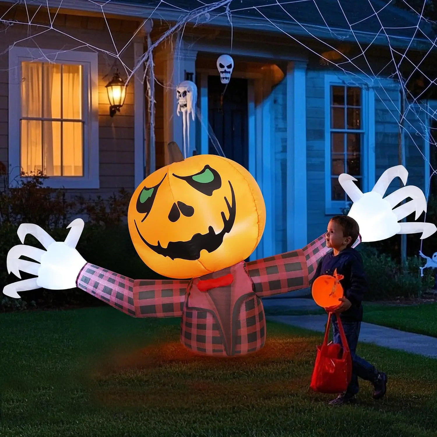 Youngfan 7FT Long Halloween Inflatable Outdoor Decorations Pumpkin Ghost | LED Lighted, Giant Blow Up, For Yard, Porch, Lawn & Garden, Spooky Halloween Inflatablesspooky season decor, spooky yard decor, halloween yard decor, halloween gift for him and her