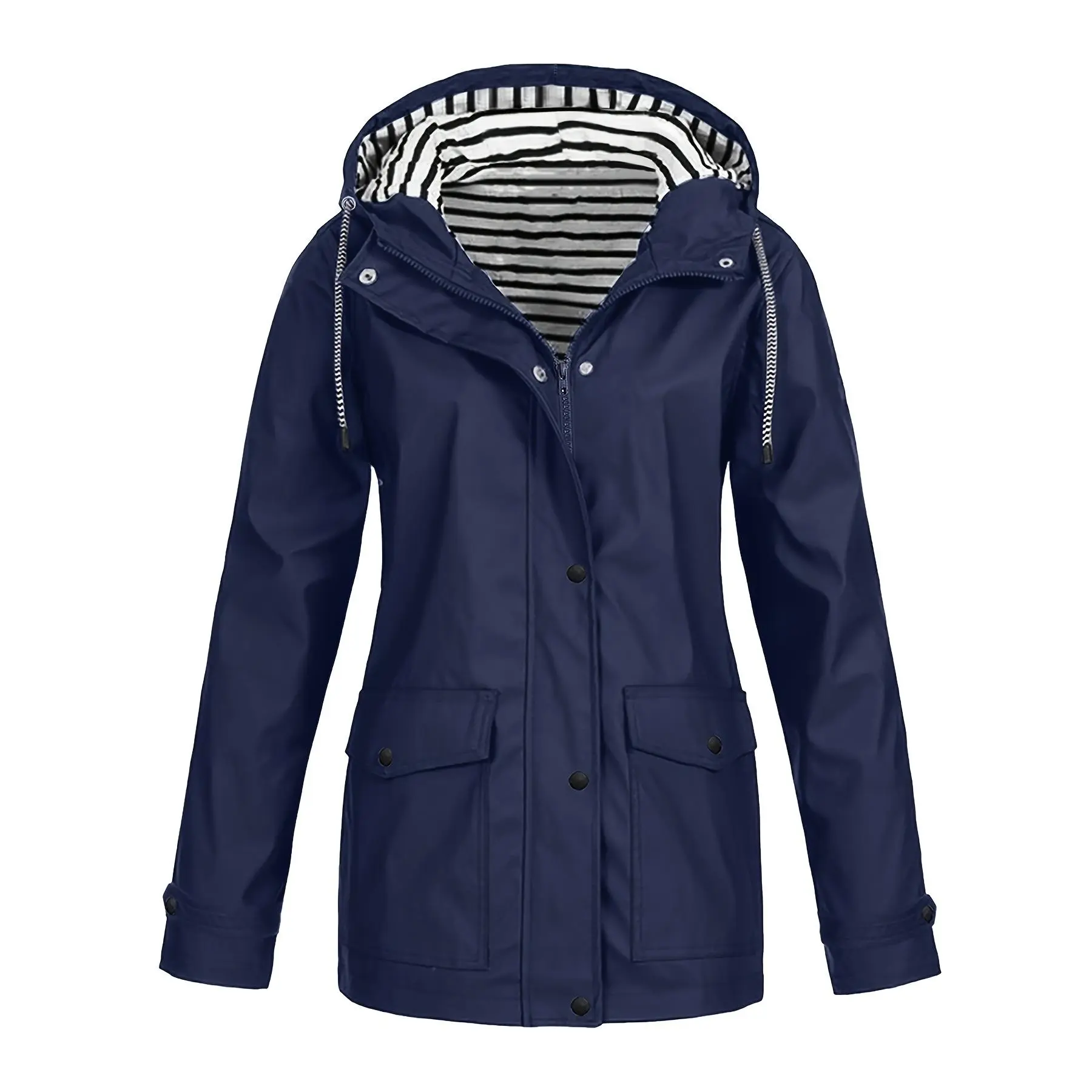 Striped Lined Zip Up Jacket - Casual Long Sleeve Drawstring Hooded Outerwear - Fleece Lining - For Fall & Winter - Women's Clothing - Perfect Gift for Women