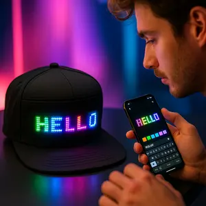 Party game hat, programmable LED hat, black accessory with scrolling text and animated display, app control, holiday and party gift