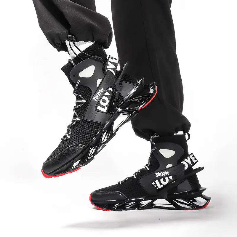 Cyberpunk Blade high-top sock shoes for men, functional techwear streetwear sneakers with a futuristic feel, thick platform sole that adds height, suitable for sports and casual wear, available in black and white.