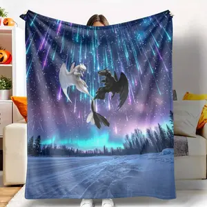 Fantasy Dragon Lovers Flannel Blanket， Northern Lights Sky Print， Cozy Soft Warm Lightweight Throw for Bedroom， Living Room， Sofa， Reading Nook， Winter Nights， Anniversary Gift， Home Decor Use tiktokshopspringglowup