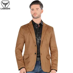 LAMASINI Mens Western Camel Double Button Blazer LAM510 Faux Suede Medium Length All Season Plaid Pattern Inseide Satin Lining - Jackets, Menswear