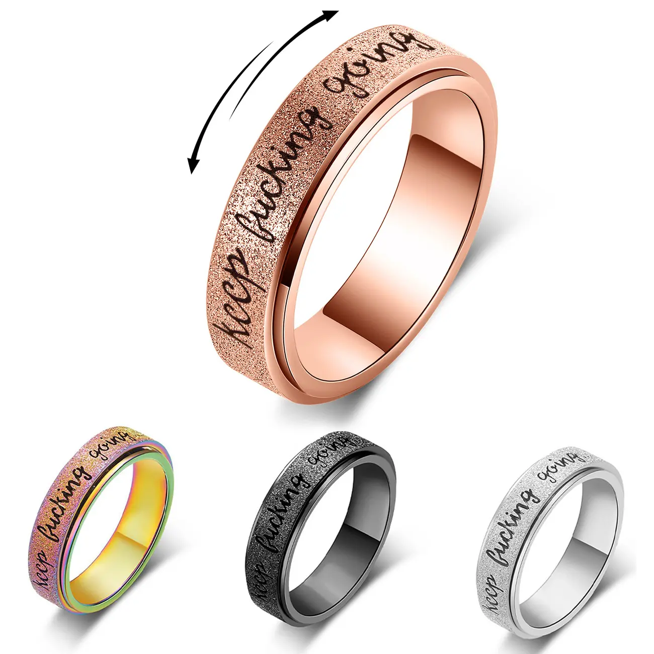 Stainless Steel Anti-Anxiety Rotating Ring Fidget Spinner “Keep Going” Anxiety Relief Rings for Adults — Stress & Focus Jewelry Gift for Women and Men