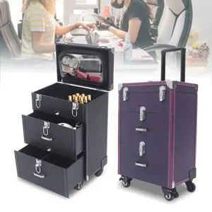 CNCEST Rolling Lockable Makeup Case Beauty Salon Luggage Hairdressing Trolley with Hair Dryer Holder and Combination Locks Travel Organizer Tool Box