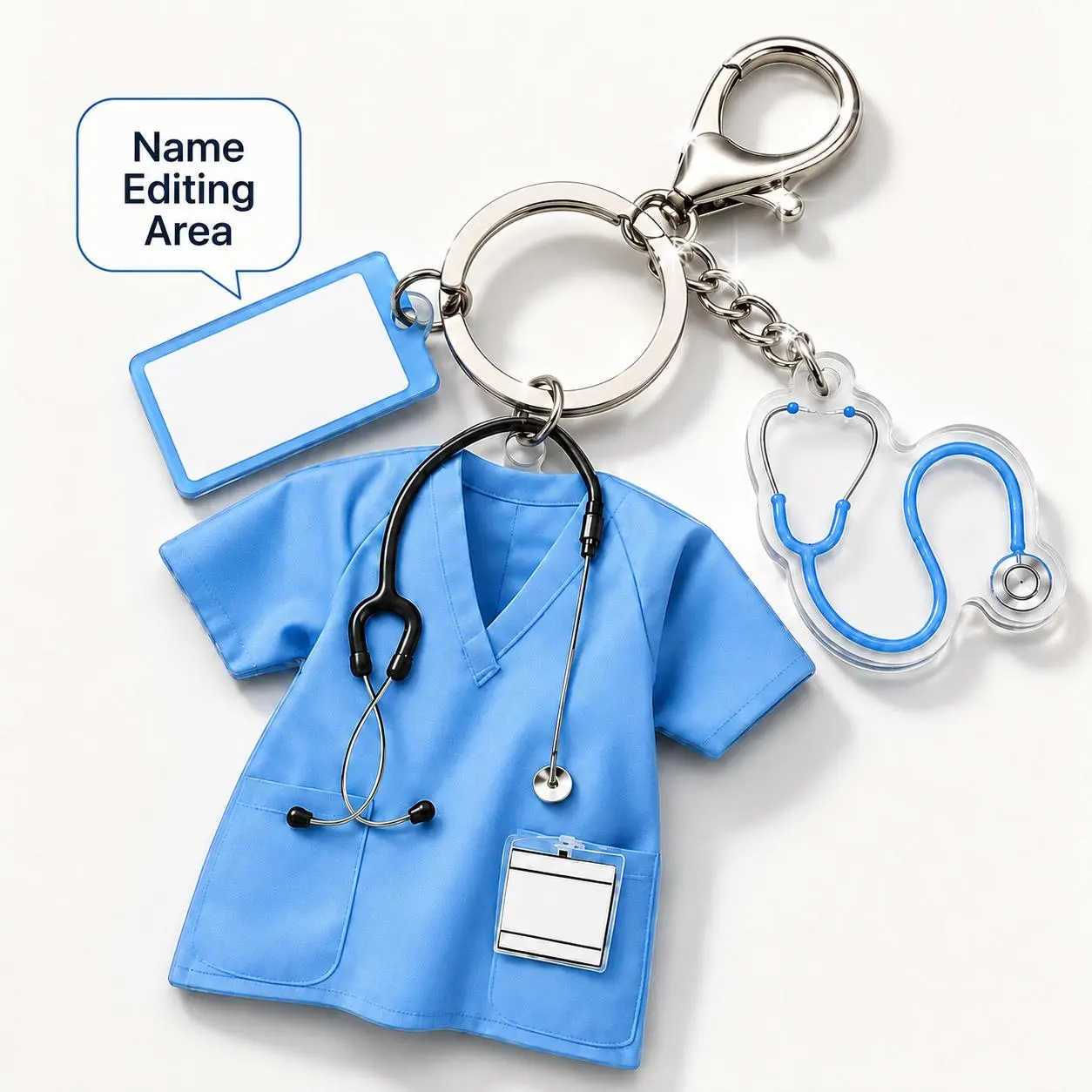 Acrylic 2D Keychain Charm—featuring a cute pink-and-blue scrub top and stethoscope charm, plus a signature area. Perfect as an everyday ID badge accessory for nurses, a stylish bag charm, or a gift for nurse friends. decorative key exquisite
