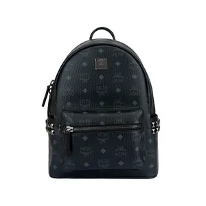MCM Unisex Small Black Coated Canvas Backpack with Silver-Tone Hardware, Floral Print, and Classic Double-Sided Rivets
