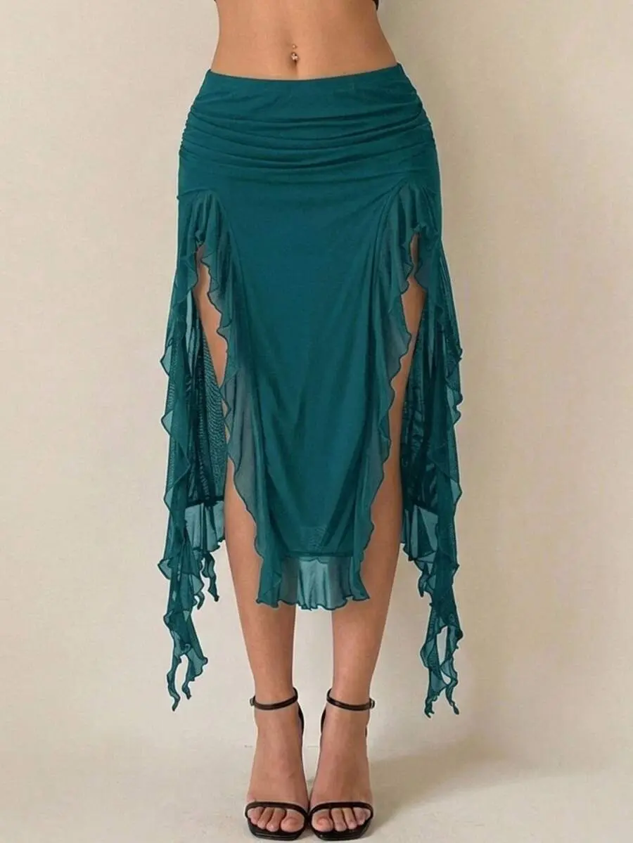 Women's Solid Color Low Waist Pleated Patchwork Ruffle Hem Split Hem Fashionable A-Line Skirt Teal Skirt Ruffle Skirt