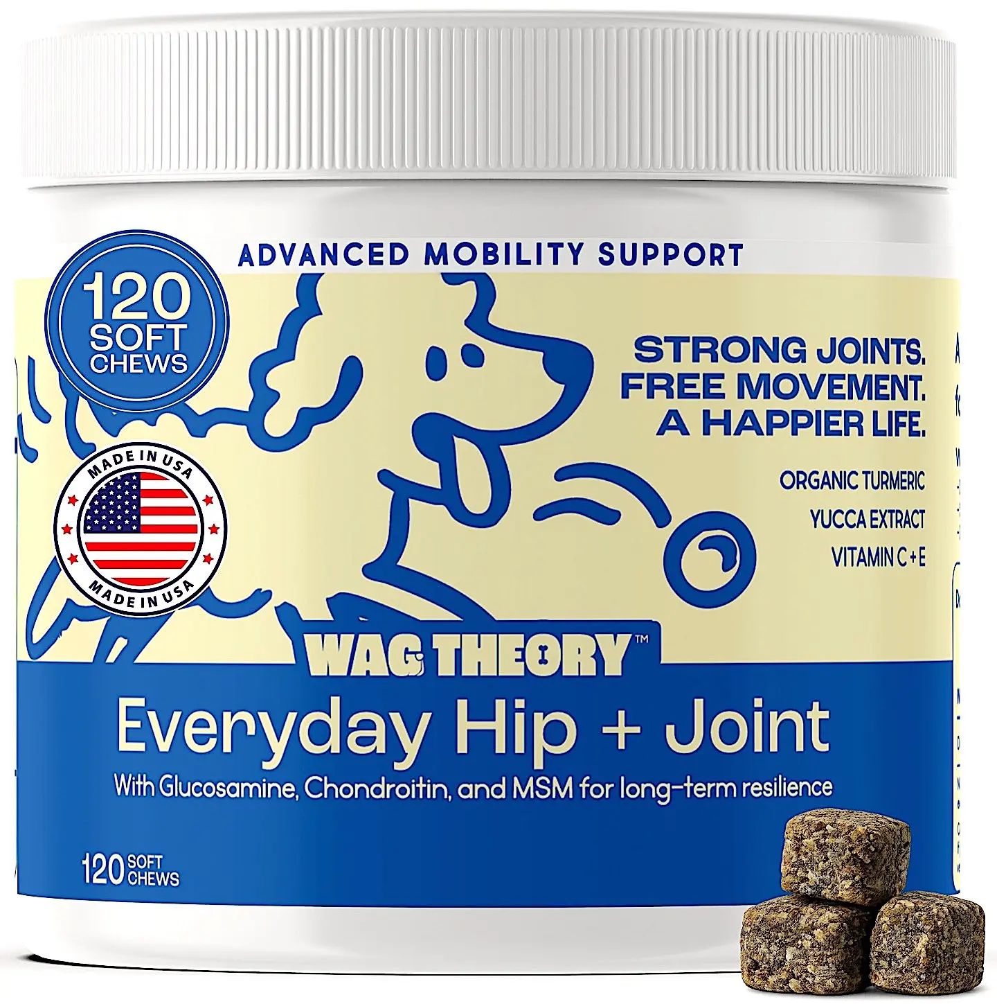 Wag Theory Hip & Joint Chews for Dogs | Glucosamine, Chondroitin, MSM, Turmeric & Yucca | Joint & Mobility Support | 120 Soft Chews | Made in USA