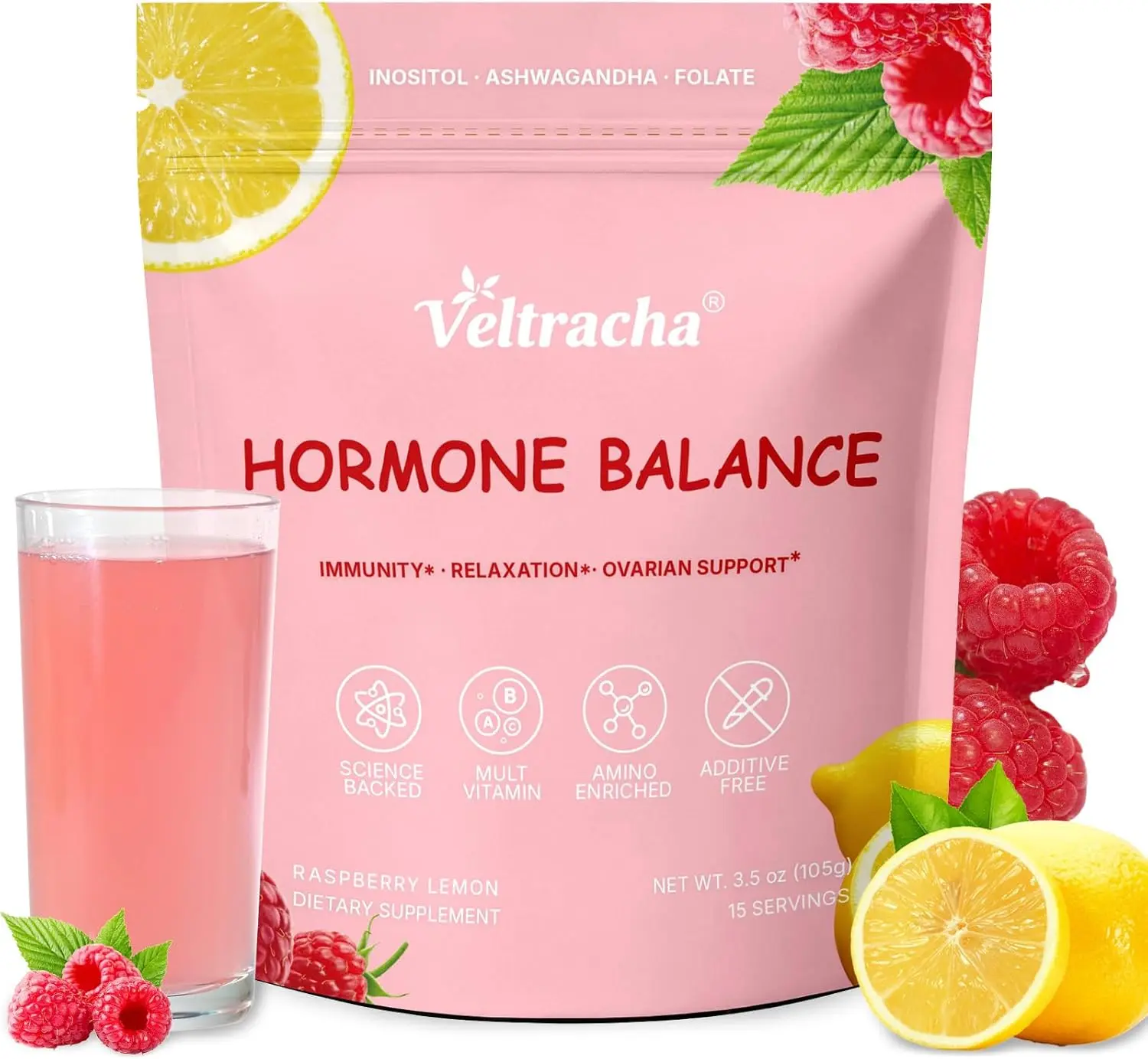 Myo and D-Chiro Inositol Powder 40:1 Ratio with Folate Amino Acids and Ashwagandha for Hormone Balance PCOS Support and Ovarian Health Wellness and Mood Balance Raspberry Lemon Daily Nutritional Drink Mix for Women 15 Servings