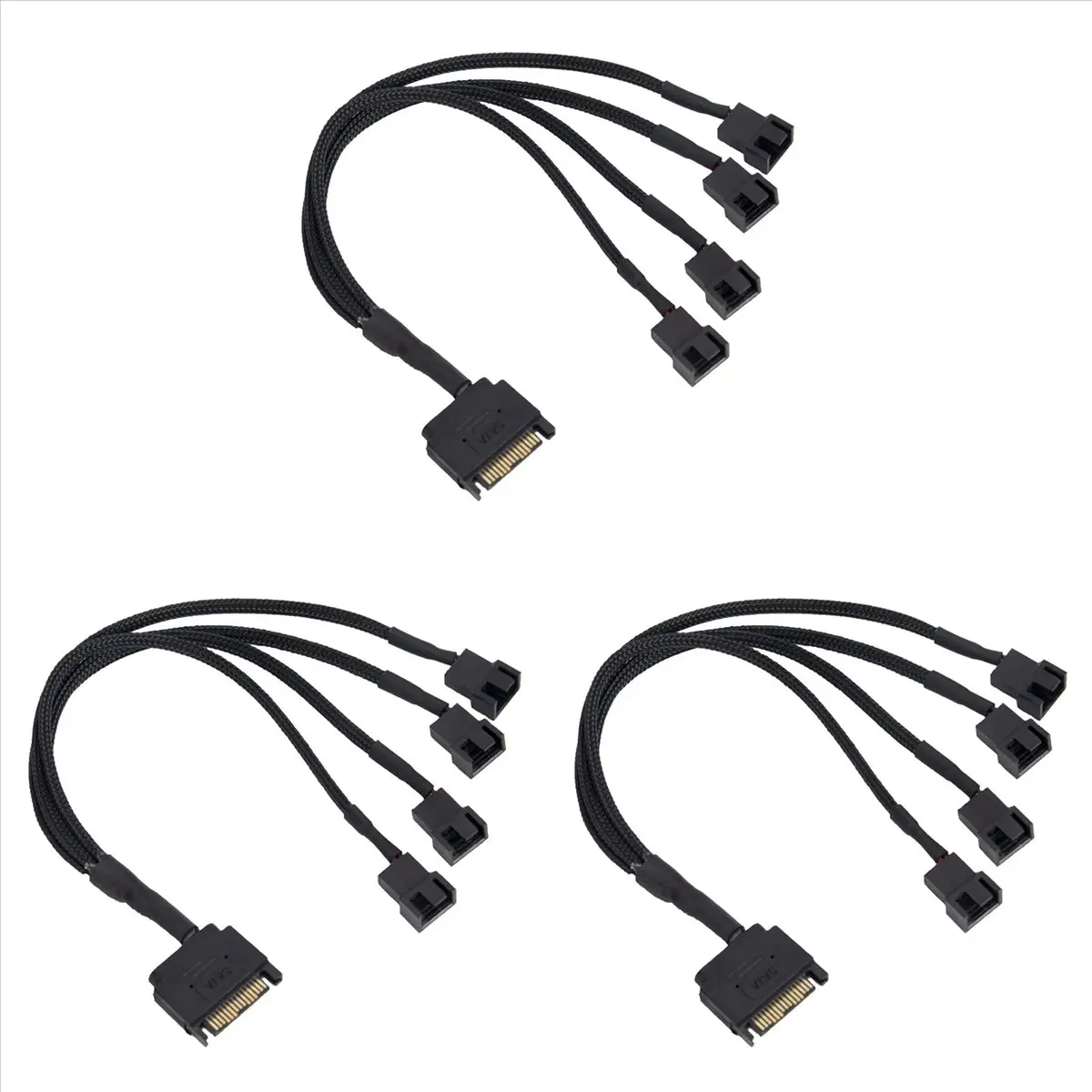 3X Cooling Fan Adapter Cable, 15 Pin SATA to 4 X 3 Pin / 4 Pin PMW 12V PC Case Fan Power Adapter Cable to 15 Pin SATA, Black Jacket, 27 Cm, Pvc Copper
